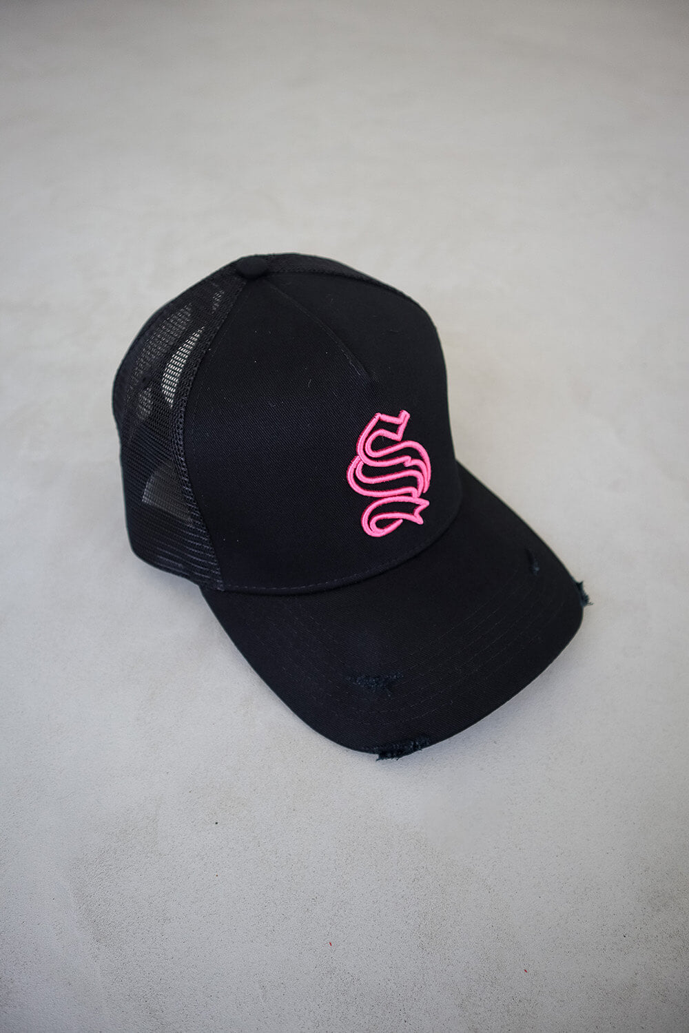 Distressed Trucker Hat - Black/Neon Pink