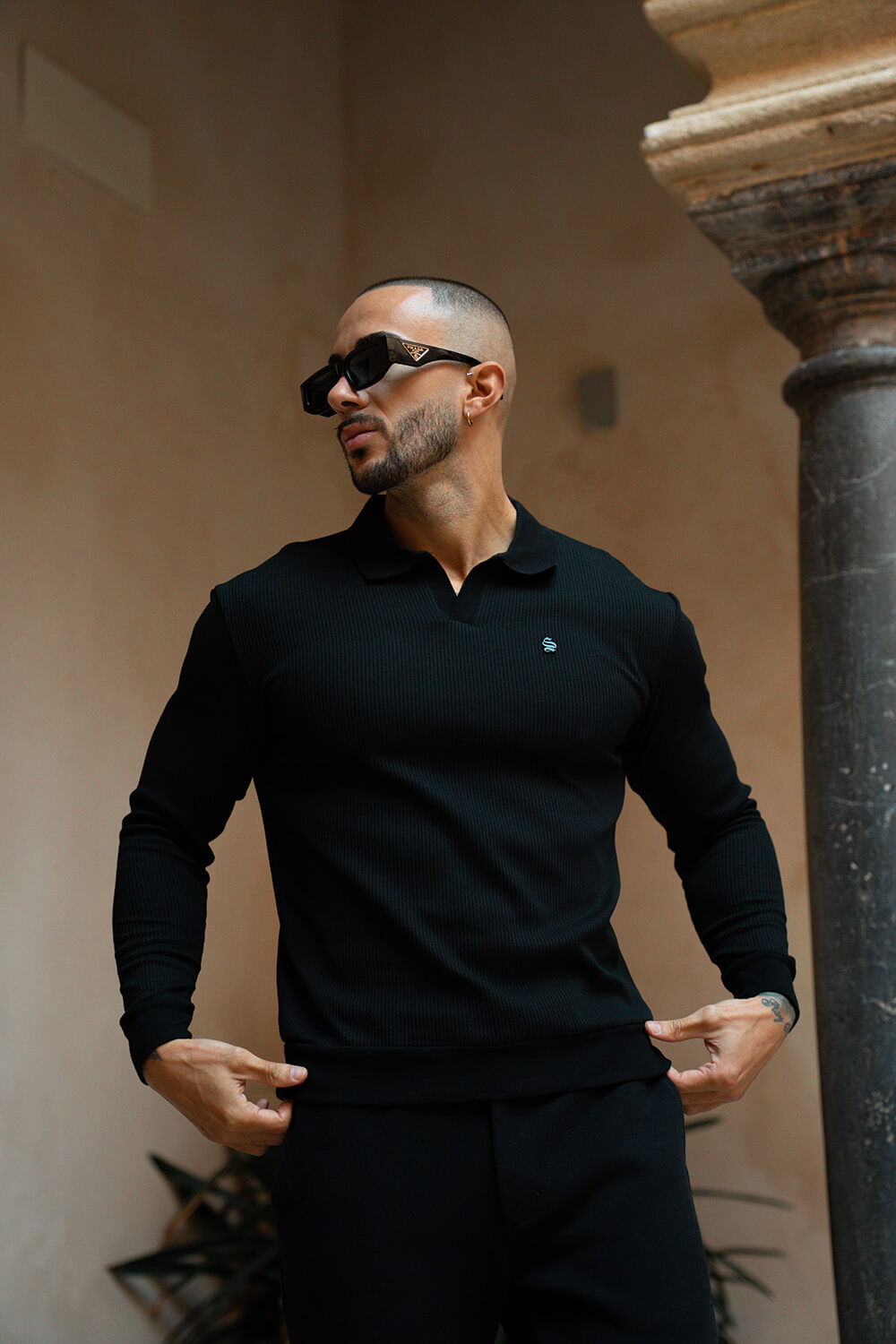 Portofino L/S Ribbed Polo - Black