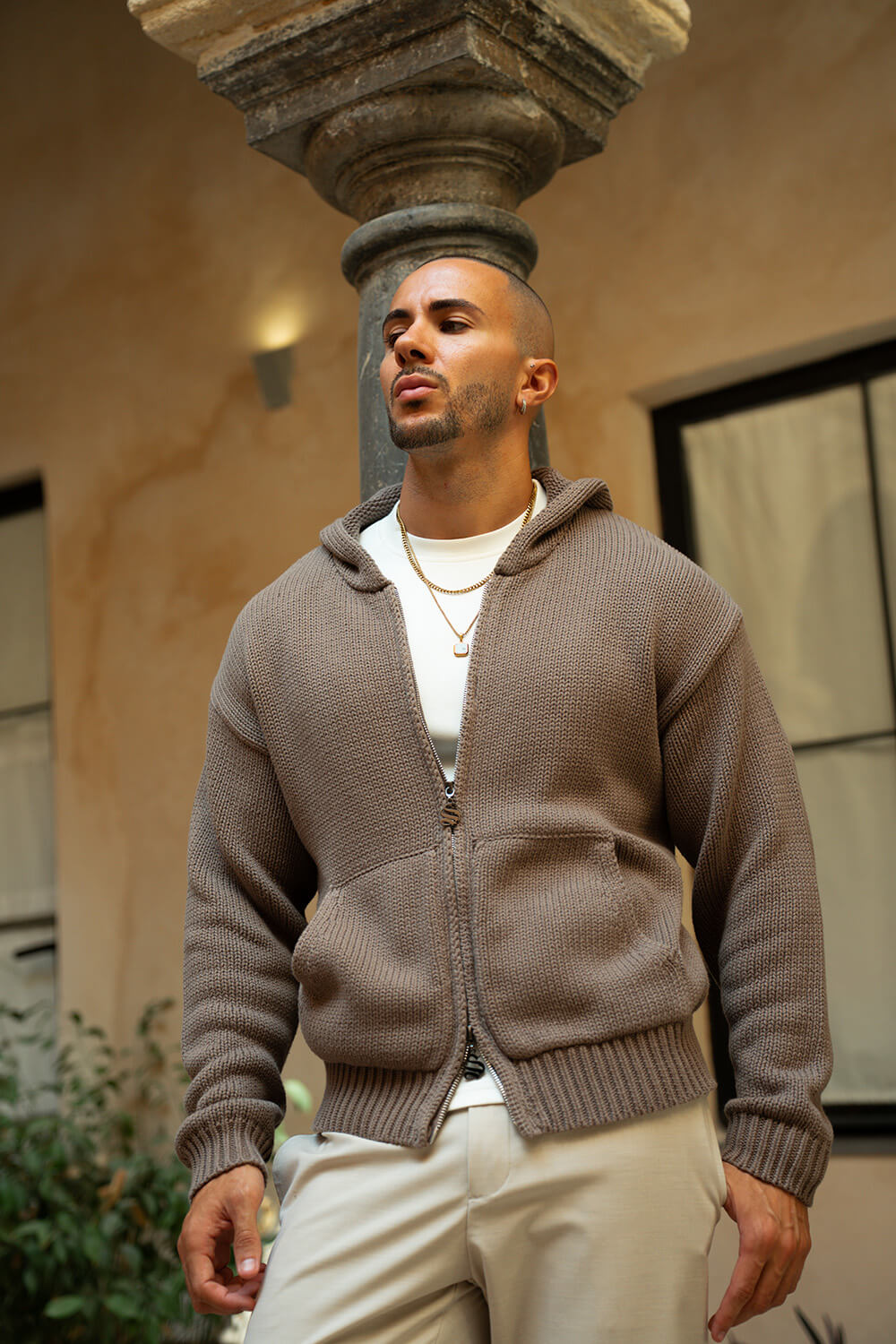 Aurelle Cable Knit Hoodie - Brown