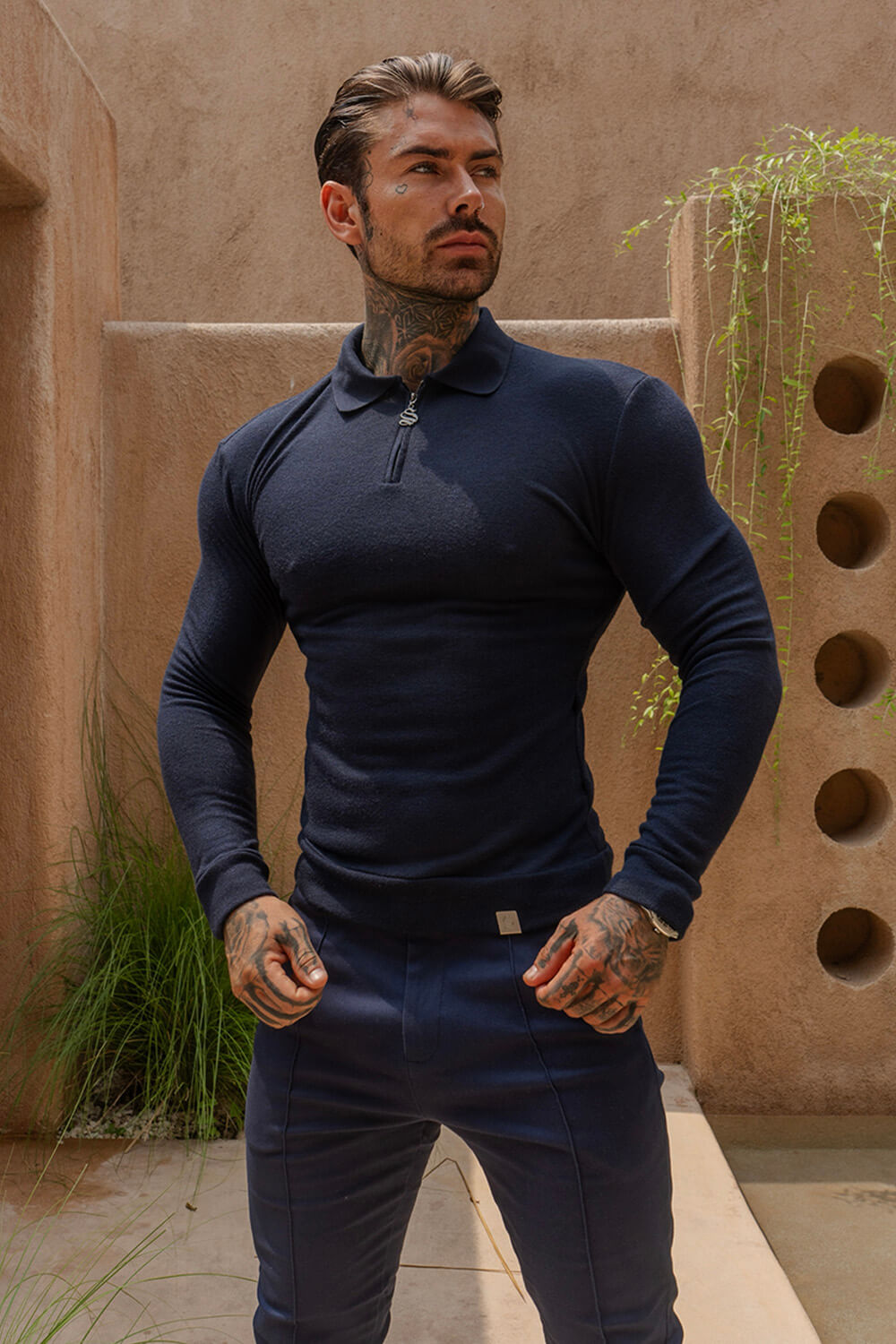 Langarm-Strick-Poloshirt – Marineblau