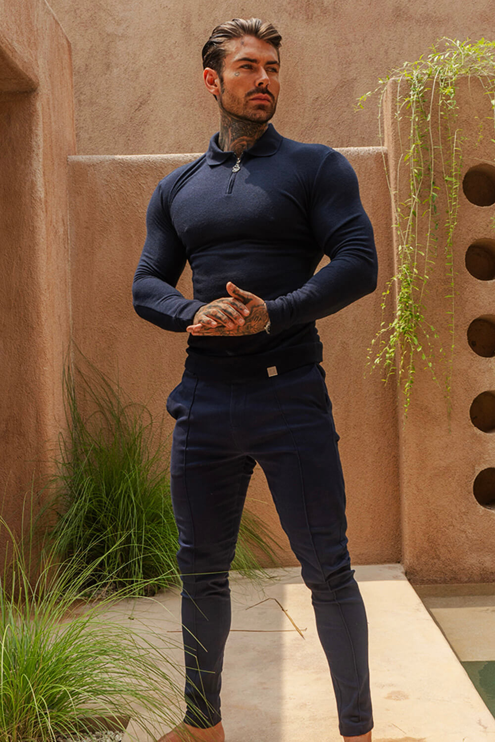 Langarm-Strick-Poloshirt – Marineblau