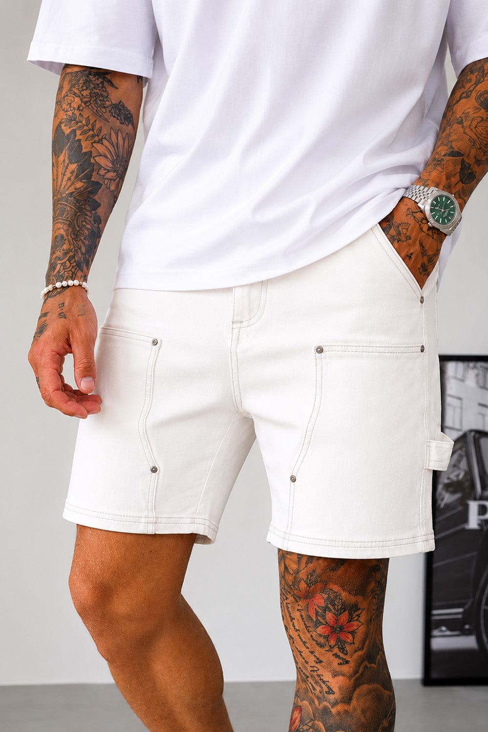 Carpenter Denim Shorts - Vintage White