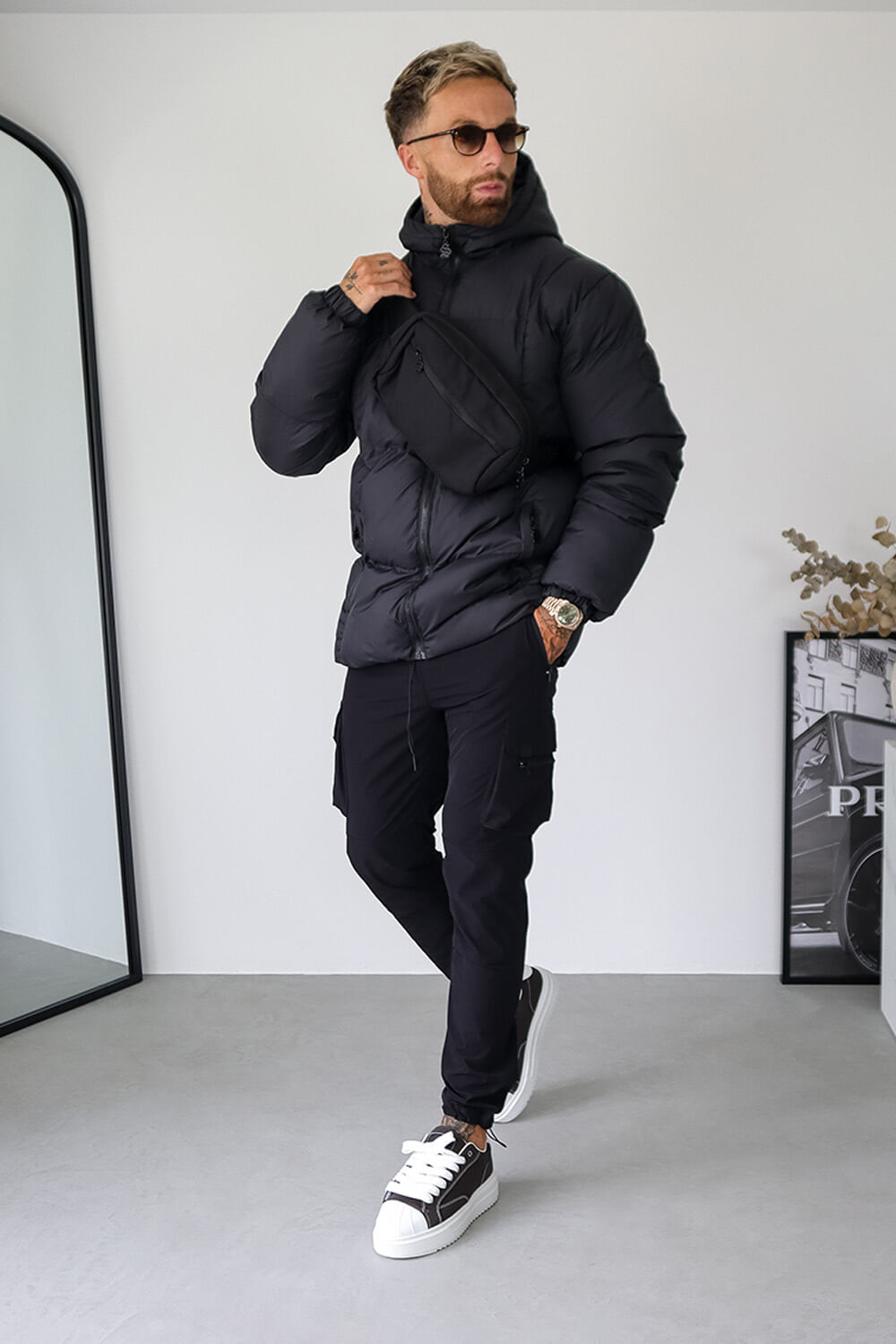 Assault Tech Puffer Jacket + Cross Body Bag - Black