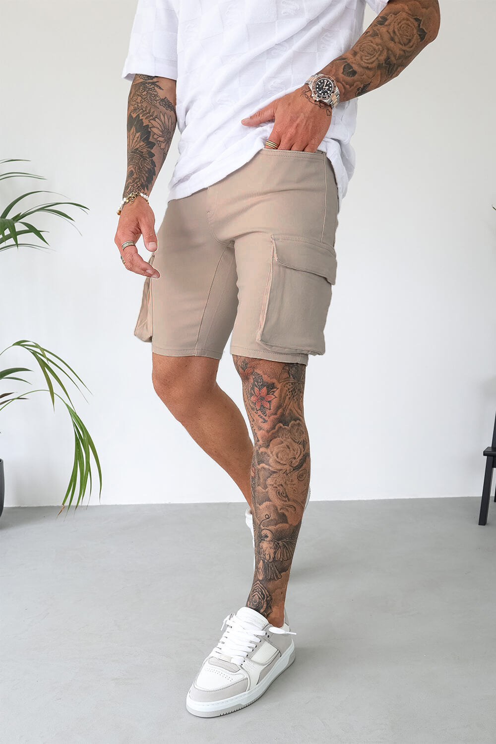 Cargo Utility Denim Shorts - Tan