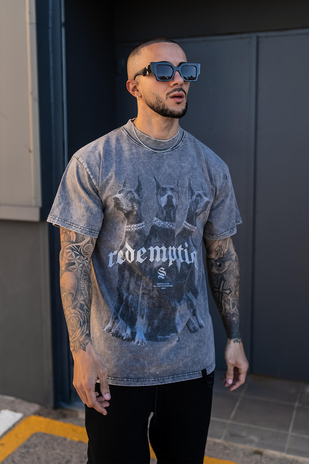 Sinners Attire Acid Grey Doberman Redemption Men's Graphic Tee