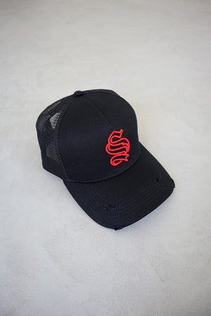 Distressed Trucker Hat - Black/Red