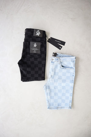Checkerboard Denim Shorts - Black