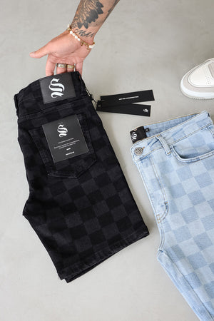 Checkerboard Denim Shorts - Black