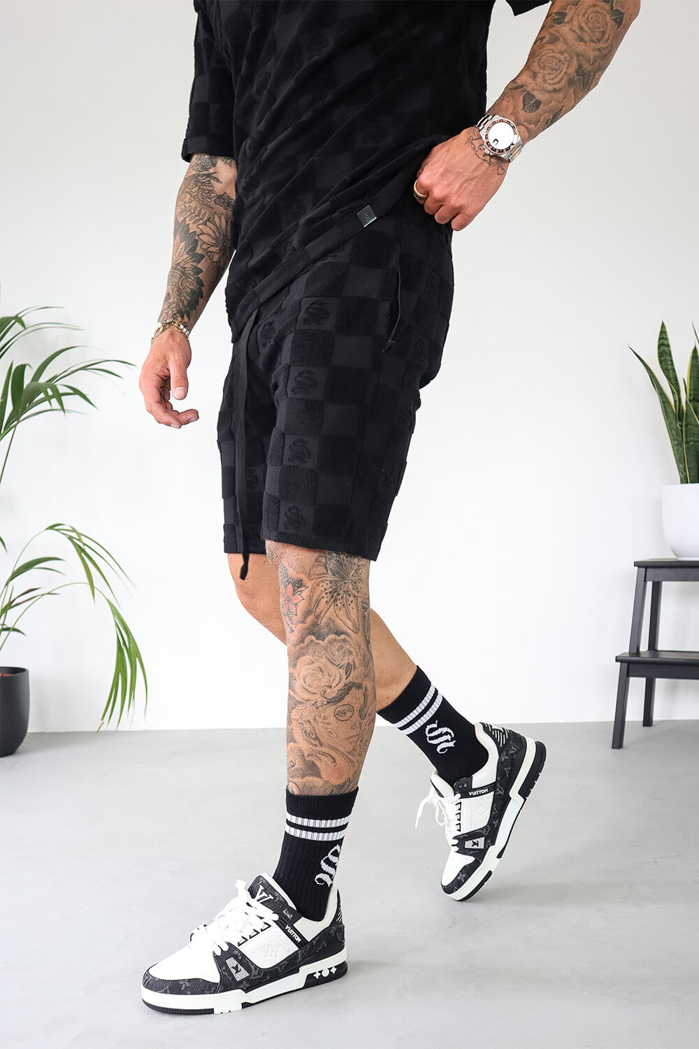 Checkerboard Towelling Shorts - Black