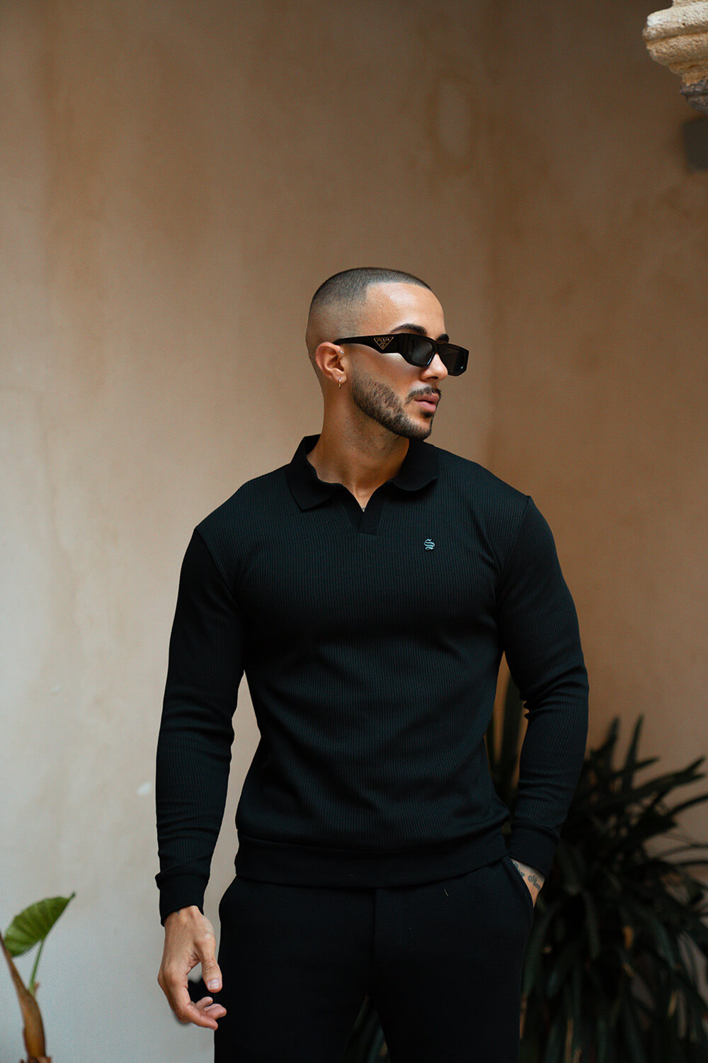 Portofino L/S Ribbed Polo - Black