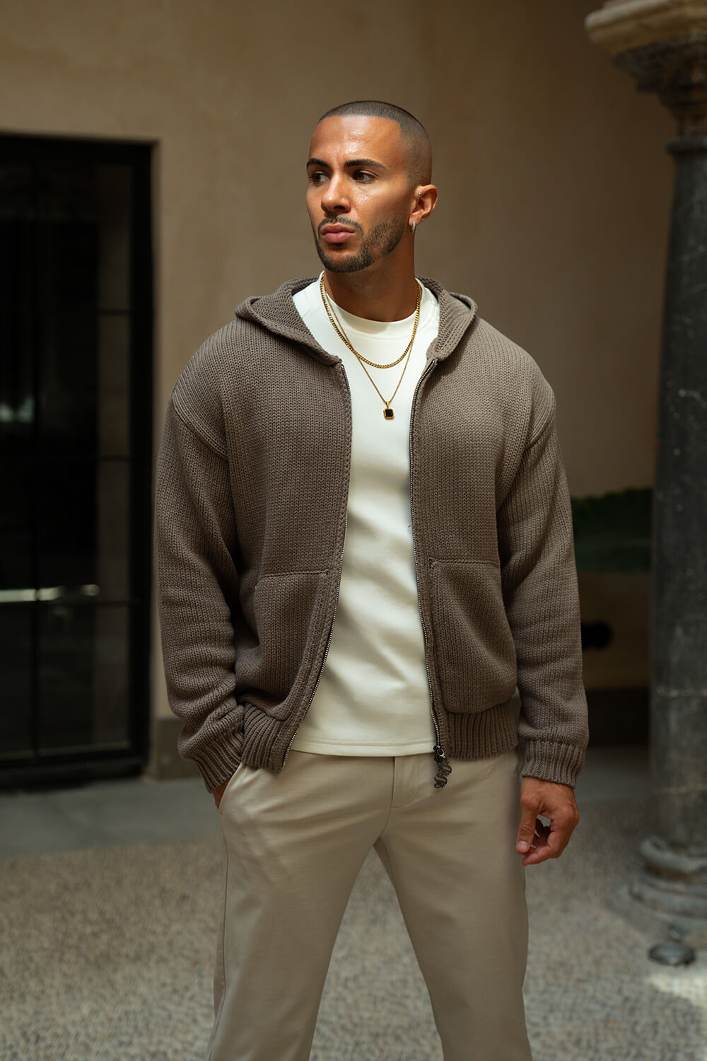 Aurelle Cable Knit Hoodie - Brown
