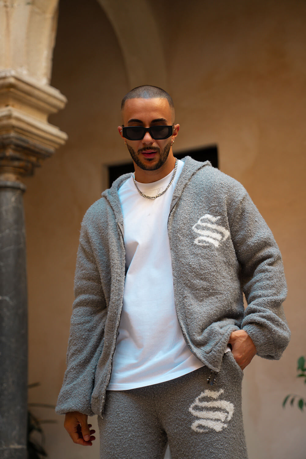 Emblem Knitted Hoodie - Grey