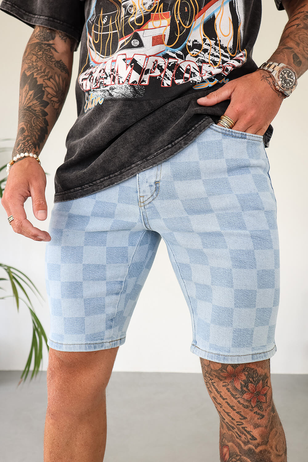 Checkerboard Denim Shorts - Light Blue