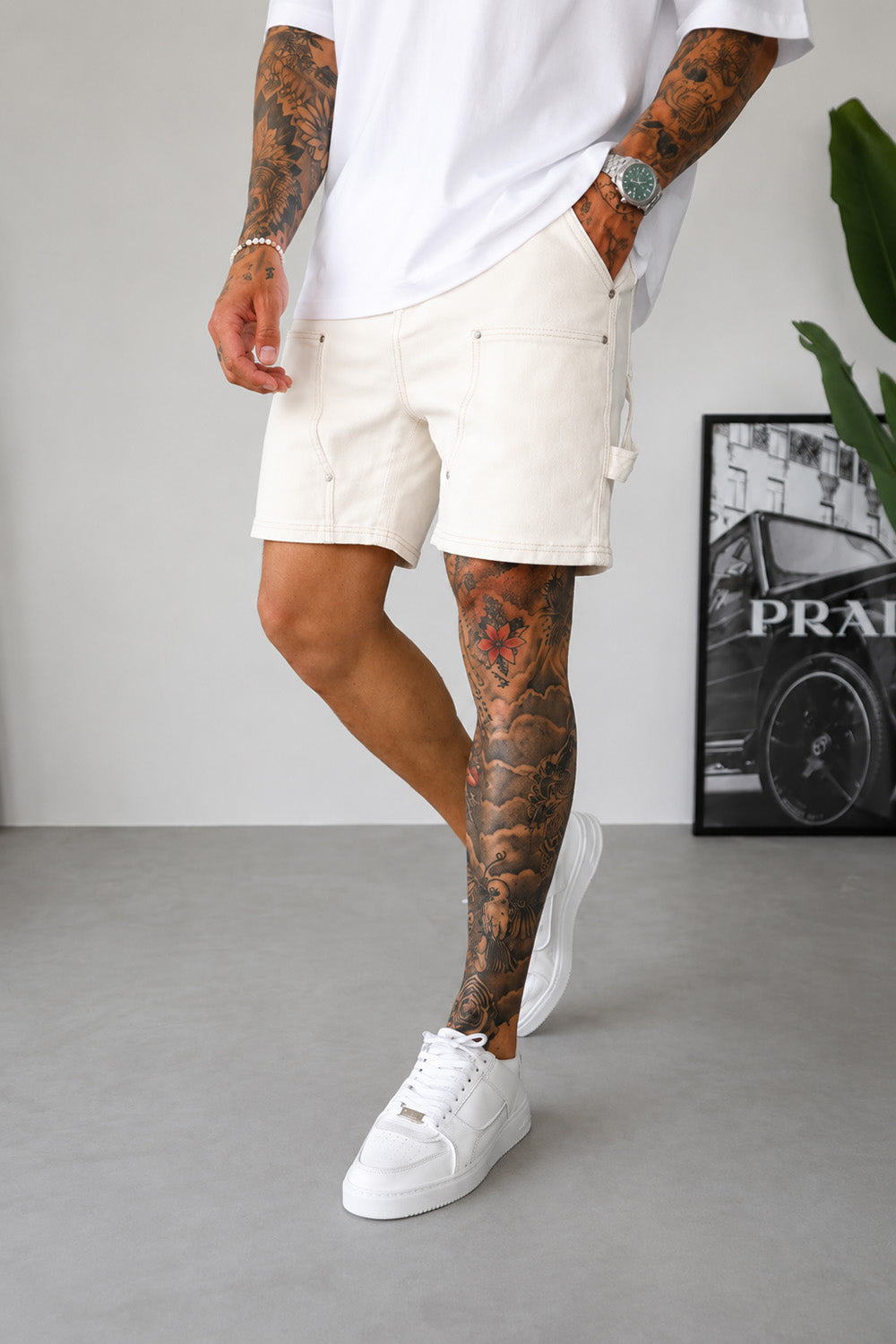 Carpenter Denim Shorts - Vintage White