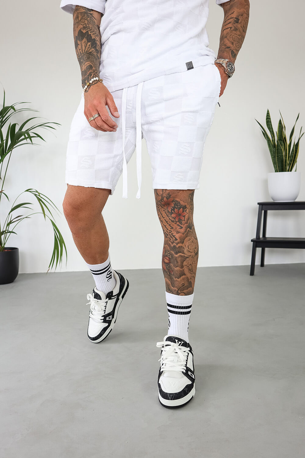Checkerboard Towelling Shorts - White
