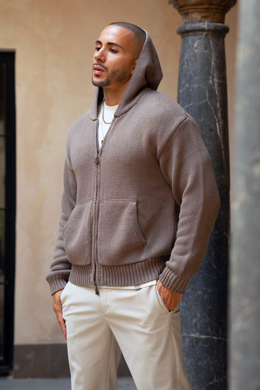 Aurelle Cable Knit Hoodie - Brown