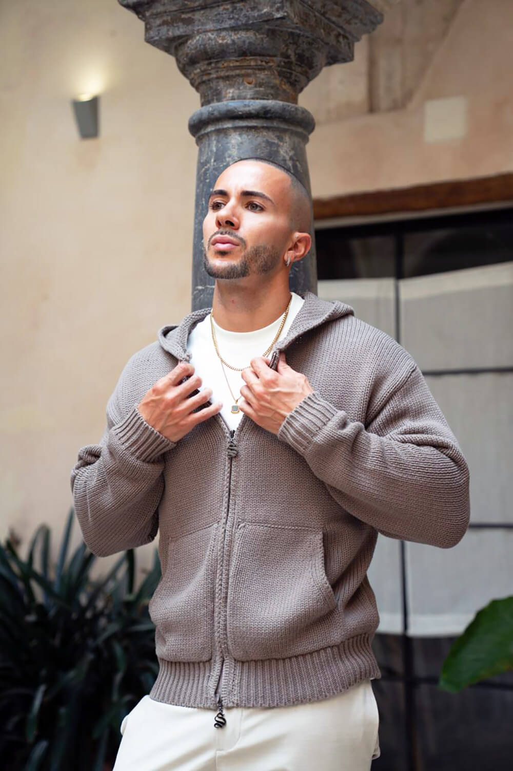 Aurelle Cable Knit Hoodie - Brown