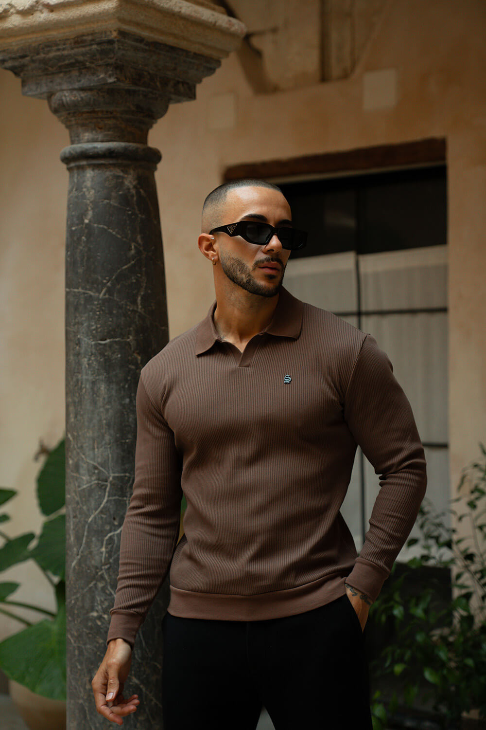 Portofino L/S Ribbed Polo - Chocolate